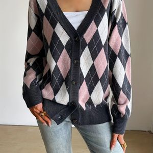 1pc V-hals gebreide cardigan voor dames - Polyester geruit knoopsluiting Herfst/Winter trui met lange mouwen