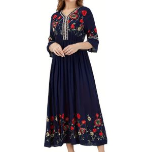 Elegante groene geborduurde maxi jurk met V-hals en - Bloemenpatroon, lange lengte, perfect voor volwassen vrouwen, alle seizoenen, bloemenjurk