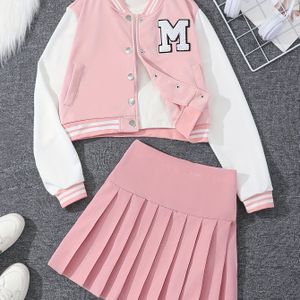 Meisjes Casual Mode College Stijl Baseballjack & Geplooide Rok Tweedelige Set