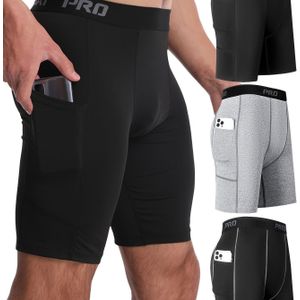3-Pack Heren Sneldrogende Compressie Trainingsonderbroeken met Zakken - Lange Tights voor Gym, & Zwemmen - Elastische Antislip Boxershorts (Zwart/Grijs /Wit) - Machinewasbaar