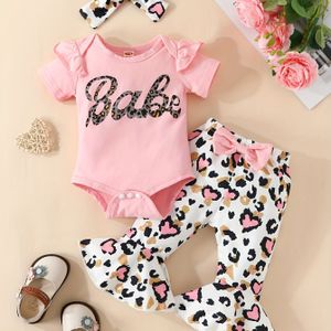 3-delige Outfit Set - Roze Letterprint Korte Mouwen Romper & Wijde Jumpsuit met Bijpassende Haarband Strik | Zomerkleding, Eerste Feestjurk, Wasmachinebestendig, Perfect voor Buiten