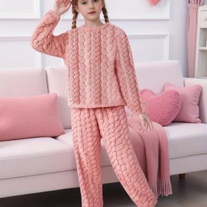 Meisjes Vlamvertragende Roze Schattige Uitgaans Ronde Hals Lange Mouw Fleece Top + Elastische Taille Fleece Broek Tweedelige Set, Perfect voor Buiten