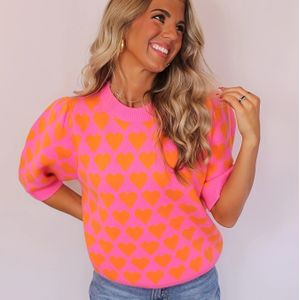 Women's Casual Pullover Sweater With Heart Pattern, Crew Neck, Half Sleeve - Spring/summer Collection, Color , Soft & Comfortable Fabric For Casual Attire, Sweater