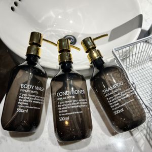 -Pack - 500ml Capaciteit Label, Zwart met Nieuwe Gouden Pompkop, Shampoo, Conditioner, Douche Gel -Pack, Geschikt voor Hotels, , Beauty Salons, Barbershop, etc