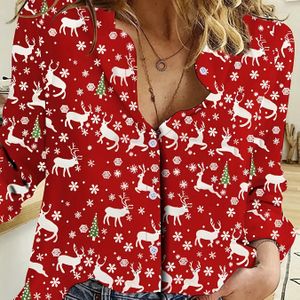 Kerst Eland Print Eenvoudig Overhemd, Elegant en Stijlvol Knoopsluiting Lange Mouwen Shirt, Dames Lente en Herfst, Lage Prijs Promotie
