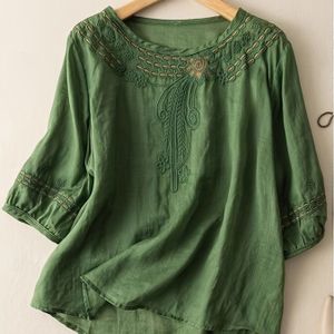 Vrouwen Groene Bloemen Geborduurde Blouse - Casual Lange Mouw Shirt met Zoom, Perfect voor Lente/Zomer/Herfst, Casual Zomerkleding | Bloemenborduursel | Ingewikkelde Borduurwerk