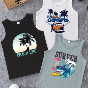3pcs Set Boys Vest, Royal , Summer Casual Cartoon Print, Polyester, Crew Neck, Stretch, Knit Fabric, Machine Washable, For Boy