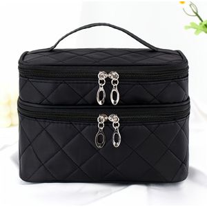 Capaciteit Gewatteerde Dubbellaagse Make-uptas - Zwart, Geurvrij, Reis- en Thuisorganizer voor Kwasten, Compactjes en Flessen, Elegante Cosmetica Opberging | Veilige Ritssluiting