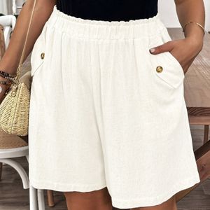 Plus Size, Plus Maat Dames Elastische Taille Shorts, met Zakken en Kantafwerking, Vakantiestijl, Wasmachinebestendig, Elegant Knopontwerp