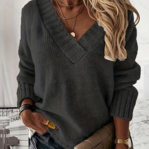 Plus Size Elegant Sweater, Vrouwen Plus Solid Gebreide Lange Mouw V-hals Eenvoudige Pullover Jumper