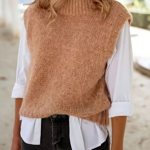 Dames Kameel Hoge-Hals Vest - Mouwloze Geribbelde Vest voor Herfst/Winter, Veelzijdig Laagstuk met Knoopdetail, Casual Stijl, Trui Vest