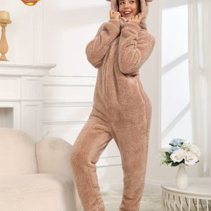 Dames leuke bruine hooded bodysuit - Warm, gezellig, lange mouwen, knopen, herfst en winter thuis kleding, herfst winter kleding | Speelse ontwerp | Comfortabele kleding