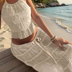 Dames Zomer Halter Neck Kanten Jurk met Detail - Wit, Semi- Chiffon, Lange Mouw, Strand Coverup, Strand Coverup Jurk | Kanten Detail | Chiffon Stof