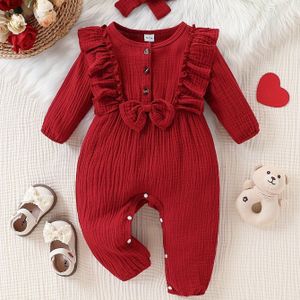 Baby Meisje's Bodysuit met Matchende Hoofdband - Zacht, Ademend Katoen, Rood, Knopen Voor met Parel Accents, Wear, Casual Outfit | Hem | Katoen Stof, voor Buiten