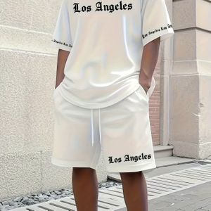 Los Angeles Engelse letterpatroon heren korte mouw shirt + shorts casual sportset, Heren kortemouwen shirt en trekkoord shorts met zakken, ademende en zachte zomerset