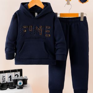 Herfst Winter Kleur Fleece Hoodie Lange Mouw Letter Gegraveerde Print Zakken Top Dagelijks Veelzijdig Sport Casual Warme Broek 2 Stuks Set, DONABEBE, voor Buiten