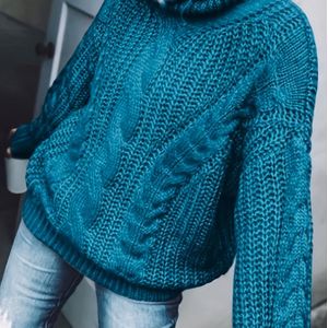 Elegante dames sweater met hoge hals - Zachte blauwe stof, lange mouwen, veelzijdige herfst/winter top met geribbelde textuur, perfect voor casual of stijlvolle outfits, sweaterjurk