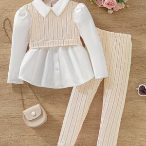 Meisjes Herfst/Winter Fleece Geribbelde Kant Afwerking Shirt en Tweed Gestreepte Broek Tweedelige Set