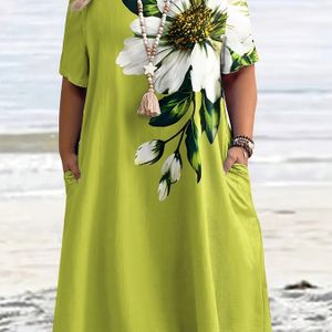 Plus Size - Dames Plus Size Zomer Vakantie Jurk - Casual Bloemenprint, Korte Mouw, Ronde Hals, Zakken, Wear, Polyester, Vakantie Kleding|Bloemenprint Jurk|Polyester Stof