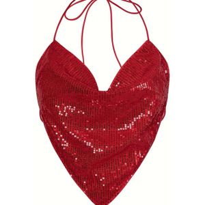 Vrouwen Halter Nek Sequin Cami Top - Polyester en Elastaan Mix, V-hals met Lichte Stretch, Rug Detail, Kleur, Gebreide Stof voor Lente/Zomer/Herfst