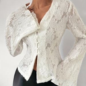 Elegant V-neck Short Length Long Sleeve Embroidered Lace Bell Sleeve Polyester Shirt For Adult,