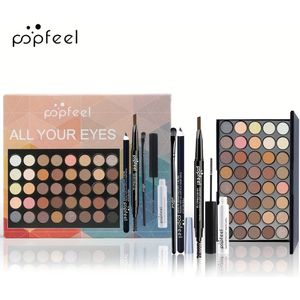 POPFEEL 40-kleuren oogschaduw palette set, mat & finish, incluis mascara, eyeliner, wenkbrauwpotlood, borstels, voor beginners - zwart, , roze, rode lijn, zilveren tonen
