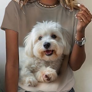 Vrouwen's Elegante Korte Mouw T-Shirt met Witte Hond Print - Zachte Ronde Hals Casual Top, Comfortabele Dagelijkse Draag voor Casual Outfits, Shirtjes