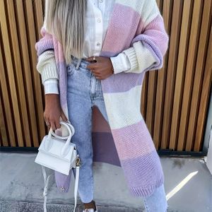 Plus Size - Elegante Beige & Oranje Gestreepte Cardigan voor Vrouwen - Oversized Lange Mouw Open Front Sweater met Geribbelde Mouwen, Perfect voor Herfst/Winter Mode, Elegante Cardigan