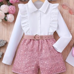 Lente en Herfst Meisjes Lange Mouwen Shirt met Pailletten Shorts Set, voor Buiten