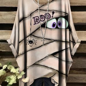 Zomer Mode Nieuwe Aanwinst Plus Size Ronde Hals Schattig Spinnenweb Print Mummy Halloween, Casual Elegant Comfortabele Dames T-Shirt met Kraag en Korte Mouwen Zonder Accessoires