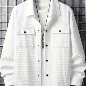 Plus Size Heren Casual Shirt, Lente Herfst Solid Cargo Shirt Met Zakken, Herenkleding