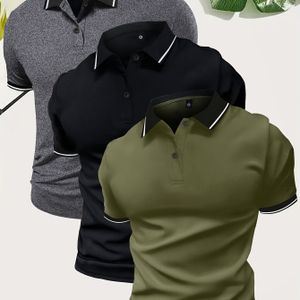 3 stuks Heren Korte Mouw Polo Shirts - Casual Kleur Knopen Sport T-shirts, Lichtgewicht Polyester Stof, Grijs/Zwart/Wit, Perfect voor Zomer & Lente