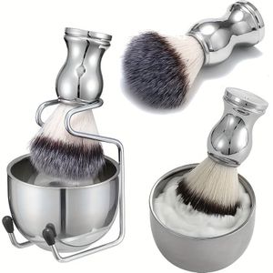 A High-quality Three-piece Shaving Set For Men, Featuring A Premium Nylon Brush With A Stand, A Stainless Steel Lathering Bowl, And A Grooming Brush Set.