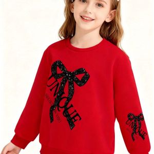 Meisjes Rode Pailletten Strik & "JE" Letter Print Sweatshirt - Gezellig Fleece-gevoerde Pullover met Franje Detail, Lange Mouwen, Casual Winterkleding voor Kinderen, Meisjes Trui