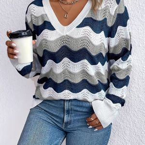Vrouwen Elegante V-Hals Trui - Gestreepte Pullover met Open Voorkant, Lange Mouwen en Geribbelde Manchetten, Perfect voor Herfst/Winter, Casual | V-hals Trui | Geribbelde Manchetten Trui