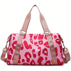Stijlvolle roze en rode luipaardprint duffel tas met beige handgrepen - Duurzame Oxford stof, dubbele schouderband, nat/ scheiding, perfect voor fitness, reizen en dagelijks gebruik, fitness tas