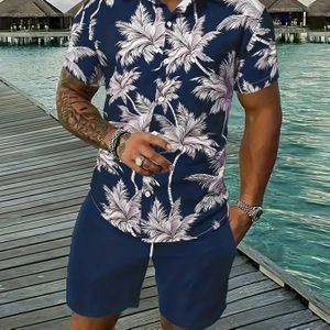 Bladprint 2 stuks Heren Zomer Modieus en eenvoudig Korte mouw Casual revers Eenvoudig shirt en shorts, Trendy en veelzijdig, Geschikt voor dates, strandvakantie