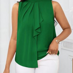 Vrouwenmode Kleur Hoge Hals Mouwloos Top, 100% Polyester, Vetersluiting Detail, Geweven Stof, 120g/m², Lengte, Geschikt voor alle seizoenen