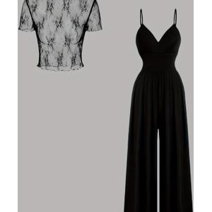 Vrouwen Lente/Zomer Stretch Slim Fit Kanten Mesh Ronde Hals Korte Mouw Mouwloos Band V-hals Crossbody Taille Cinching Wijde Pijpen Broek Jumpsuit Mode Casual Elegante Twee-Delen Set