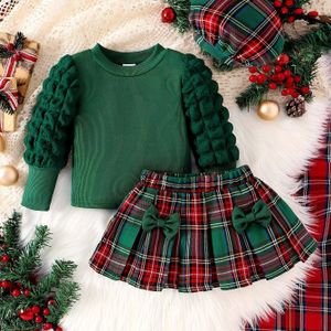 Meisjes Groene Bubble Mouw Top met Dubbele Strik Ruitrok en Hoed Casual Performance Outfit -Delige Set voor Lente/Herfst, Perfect voor Buiten