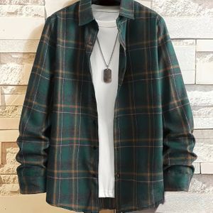 Casual Lange Mouwen Overhemd - Groen & Wit Geruit , Knoopsluiting, Pasvorm, Niet-Rekbare Stof, Perfect voor Lente/Herfst, Klassiek Geruit Ontwerp | Niet-Rekbare Stof