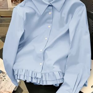 Elegante lichtblauwe lange mouw geknoopde overhemd met voor dames