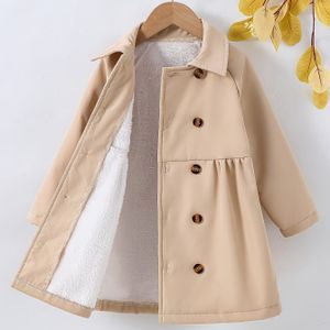 Meisjes Herfst Winter Casual Mode Dubbelrijige Dikke Trenchcoat, Kinderen Middellange Flanellen Warme Jas