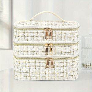 Chic Tweed-style Large Capacity Multi-layer Cosmetic Bag Organizer With Handle For Home And Travel Use - Nylon Unisex-adult Makeup Case, Unscented, Non-