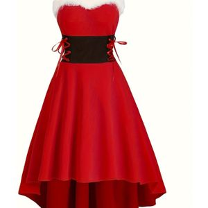 Off-Shoulder Vintage Kerstfeestjurk met Criss- Vetersluiting, Strik aan de Voorkant en Korte/Lange Contrasterende Stiksels Spaghetti Bandjes