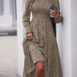 Zomerse Bloemenprint Polyester Zonnejurk Met Gerimpelde Zoom, Ronde Hals En Verstelbare Taille, Geschikt Voor Lente/Herfst