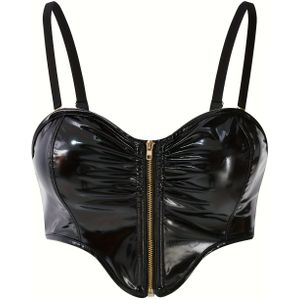 1pc Zomer Europees Stijl Irreguliere Vormgeving Leren Lingerie met een Glanzende Afwerking, Sexy Street Fashion Zip-Up Corset Fitted Tank Top.