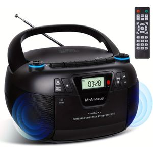 Draagbare CD-speler met USB, cassette en AM/FM-radio | Dubbele speaker stereo, hoofdtelefoonaansluiting, kleurrijke LED-verlichting, afstandsbediening - M-AMAZUP