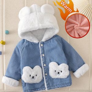 1 stuk Geborduurde Beer Fleece-gevoerde Nepdenim Jas voor Jongens en Meisjes, Roze of Wit, Modieuze Dikke Herfst/Winter Jas