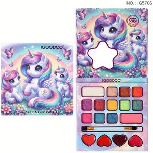 Schattig 17-kleuren cartoon make-uppalet met kwast, inclusief matte oogschaduw, highlighter en blush, voorzien van plantaardige squalane – ideaal voor feestjes tijdens de vakantie